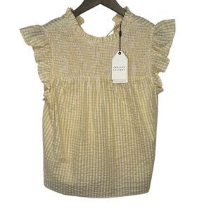 English Factory Metallic Plaid Top Womens Medium Yellow/White Ruffle Sleeve
